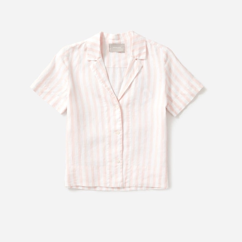 Everlane The Linen Short-Sleeve Notch Shirt Pink 0